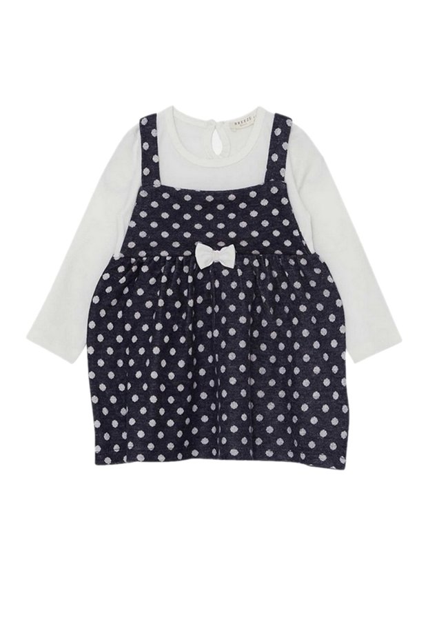 Girl's Br Long Sleeve Dress with Bow and Polka Dot Pattern Dark Blue Soft (1.5-5 Years)