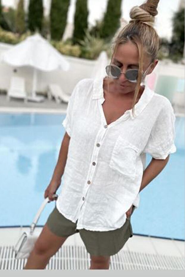 Women's White Ring Detailed Linen Shirt Blouse