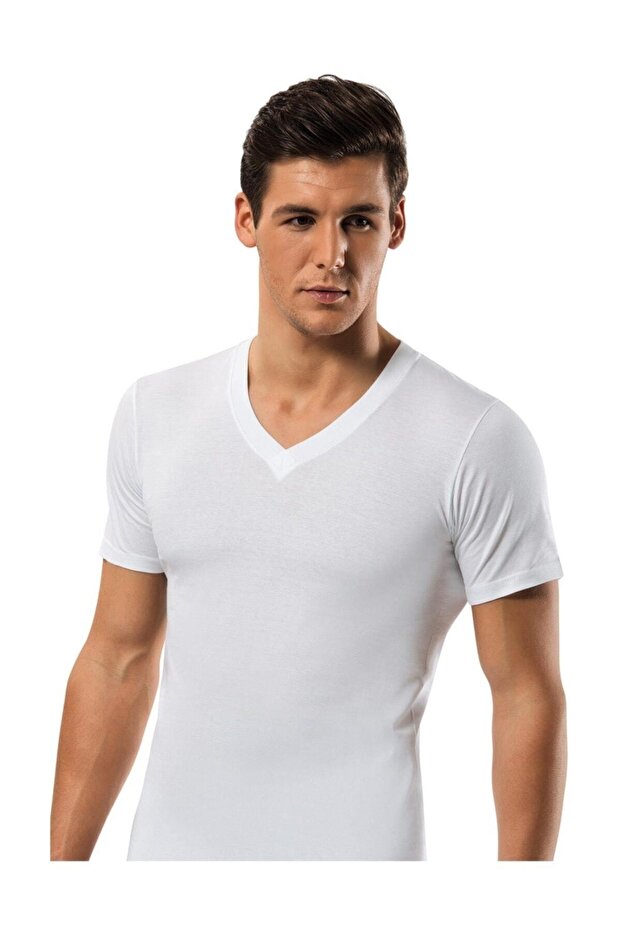 Men's White Combed Cotton Half Sleeve V-Neck Undershirt