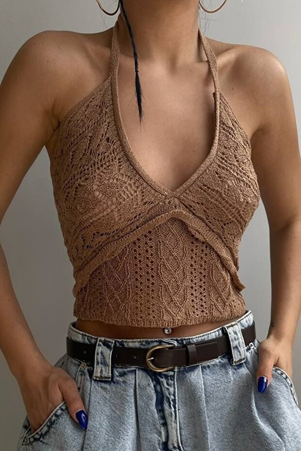 Women's Beige Openwork Neck Tie Detailed Crop Bustier 23S50009