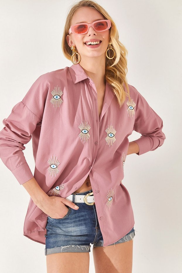 Dried Rose Sequin Detailed Woven Boyfriend Shirt GML-19000992