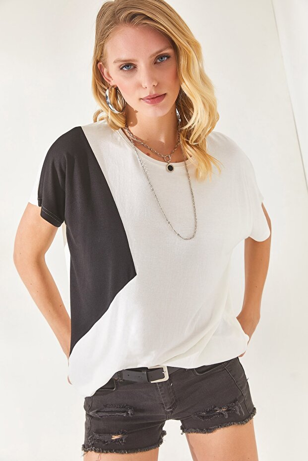 Women's White Color Blocked Bat Knitted Viscose Blouse BLZ-19002283