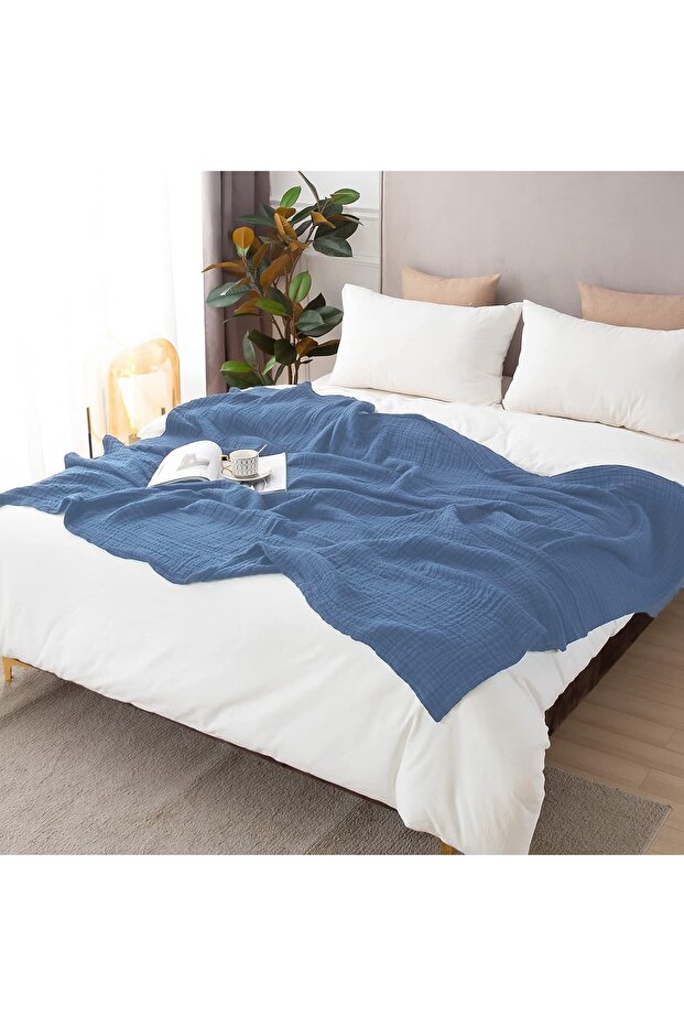 Single 170X220 cm 4 Layer Muslin Pique Organic 100% Cotton Soft Indigo Cool Bedspread Modern