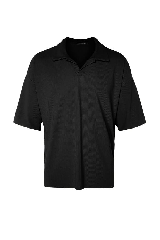 Siyah Oversize/Geniş Kesim Dokulu Kırışmaz Ottoman Polo Yaka T-Shirt TMNSS23PO00020 - 6