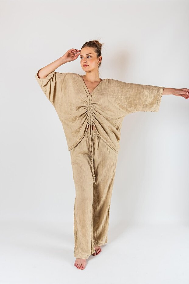 Beige Kyra Muslin Drawstring Women's Blouse Set