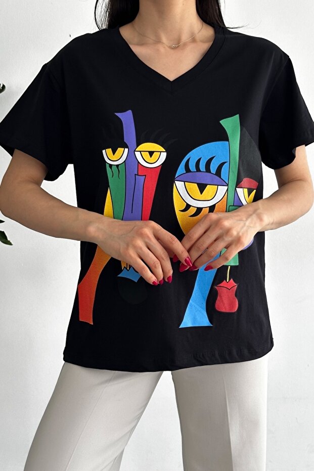 Women's Black V-Neck Printed Cotton T-Shirt
