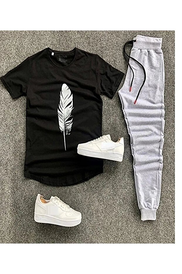 Unisex White Leaf Printed T-Shirt - Black Sweatpants Slim Fit Combined Top and Bottom Set