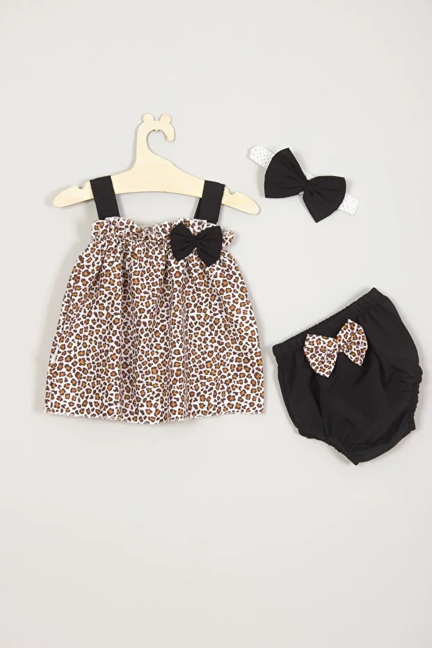 Leopard Patterned Bandana Pantyhose Baby Top and Bottom Set - 1