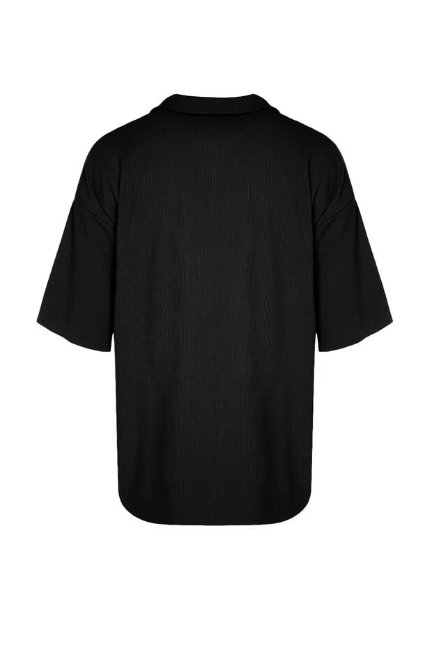 Siyah Oversize/Geniş Kesim Dokulu Kırışmaz Ottoman Polo Yaka T-Shirt TMNSS23PO00020 - 8