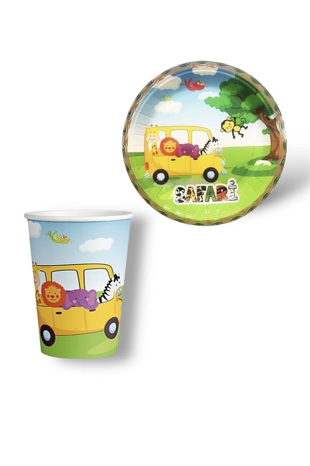 Safari Temalı Tabak Bardak Seti 8 Kişilik, Doğum Günü Kullan At Tabak Bardak Safari Set - 1