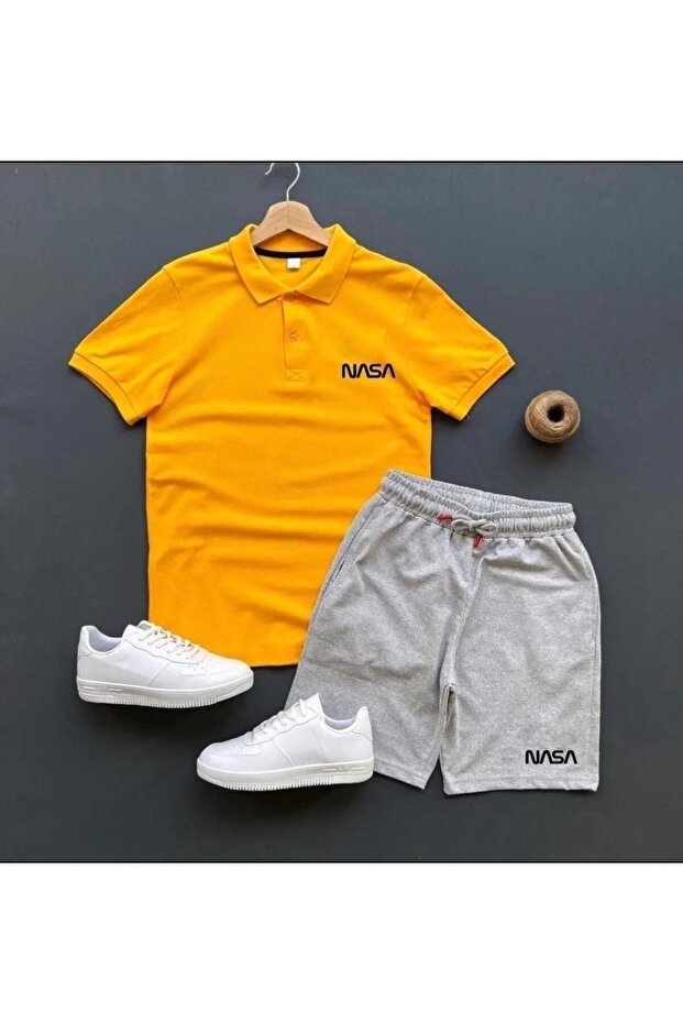 Summer NASA Printed Polo Neck Tshirt-Shorts Combination 2-Piece