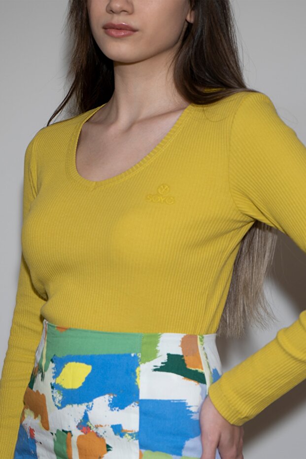 Kadın Hardal V Yaka Uzun Kollu Fitilli Örme Basic Bluz - 1