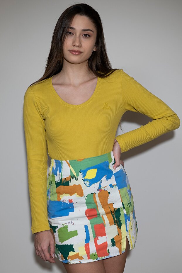 Kadın Hardal V Yaka Uzun Kollu Fitilli Örme Basic Bluz - 3