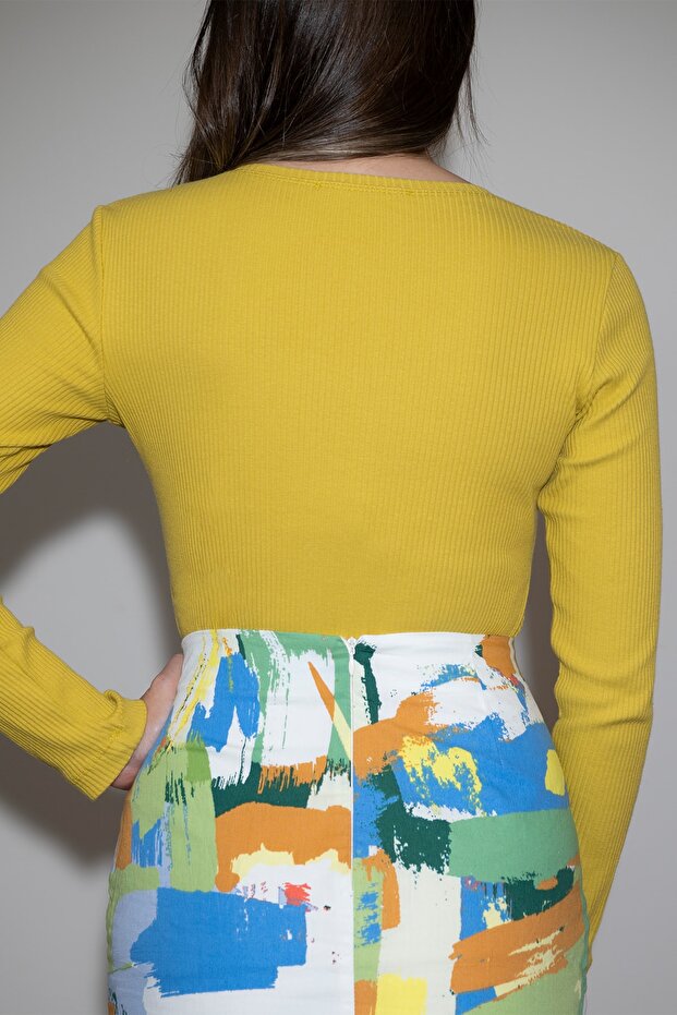 Kadın Hardal V Yaka Uzun Kollu Fitilli Örme Basic Bluz - 4