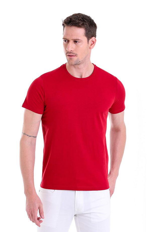 Bordo Regular Fit Düz 100% Pamuk Bisiklet Yaka Tişört - 4
