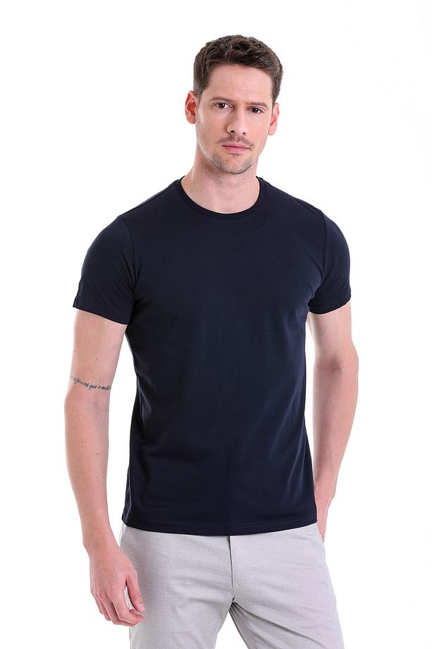 Lacivert Regular Fit Düz 100% Pamuk Bisiklet Yaka Tişört - 1