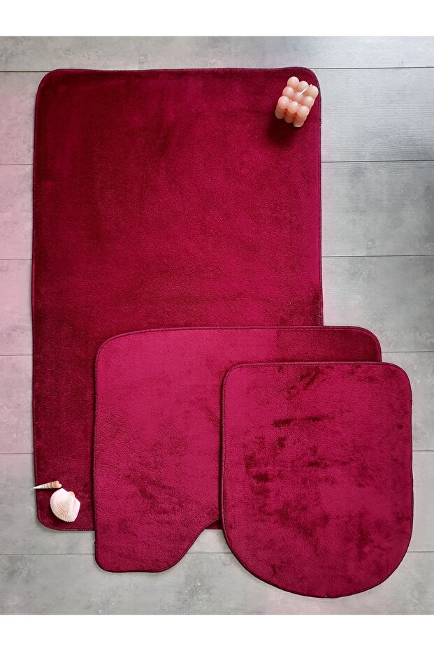 Ultrasoft Plain Plum 3-Piece Bathroom Rug Mat Set Non-Slip Leather Based Washable Toilet Seat Set