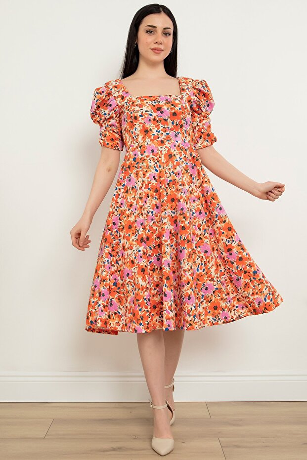 Çiçekli Kol Pileli Elbise 924-2965 - 1