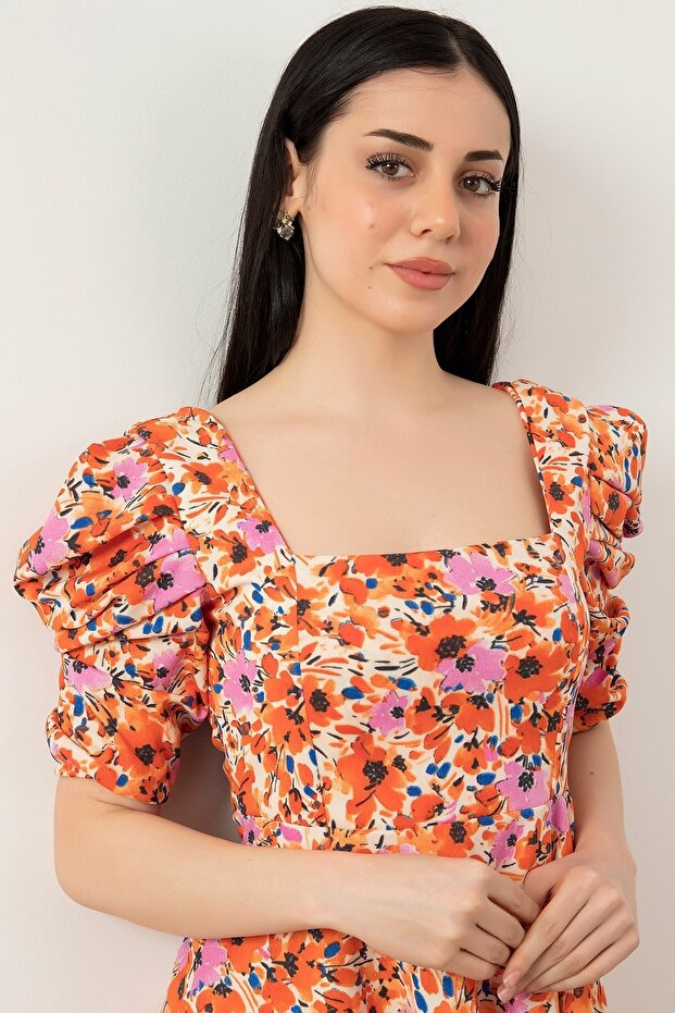 Çiçekli Kol Pileli Elbise 924-2965 - 3