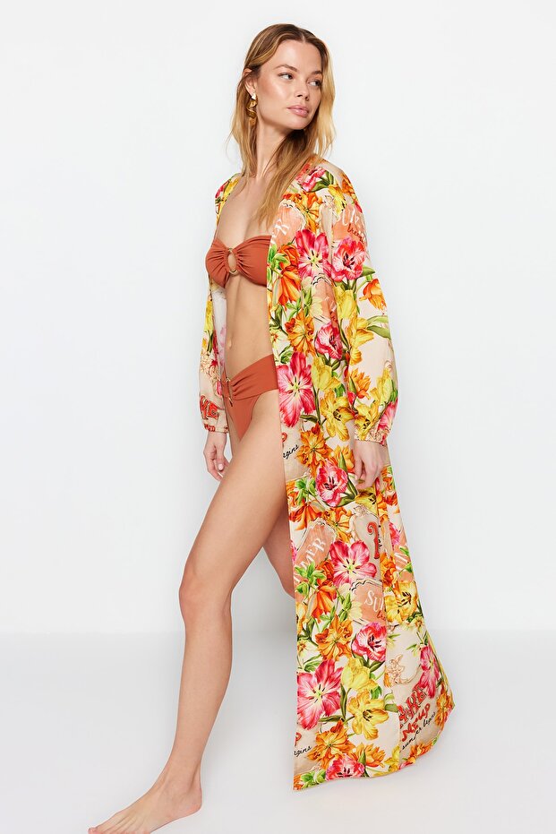 Maxi Size Floral Print Belted Beach Kimono & Kaftan - Tbess23Km00027