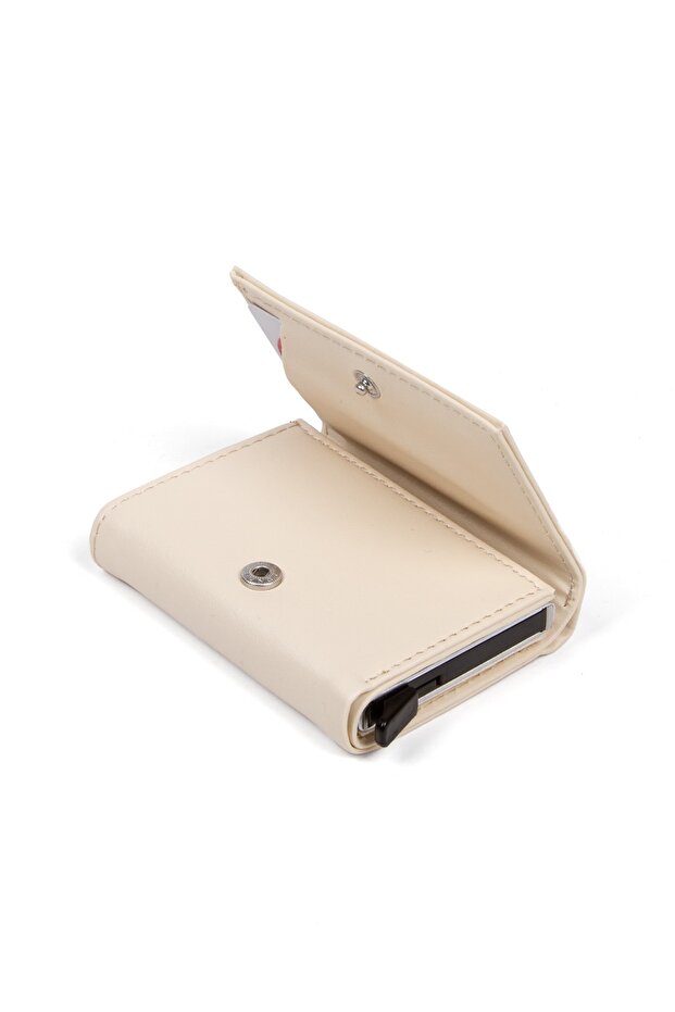 Bézs alap alumínium mechanikus automata csúszó kártyatartó pénztárca - 6