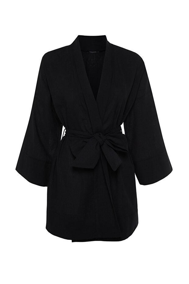 Siyah Dokuma Plaj Mini Kuşaklı Kimono&Kaftan TBESS23KM00080 - 7