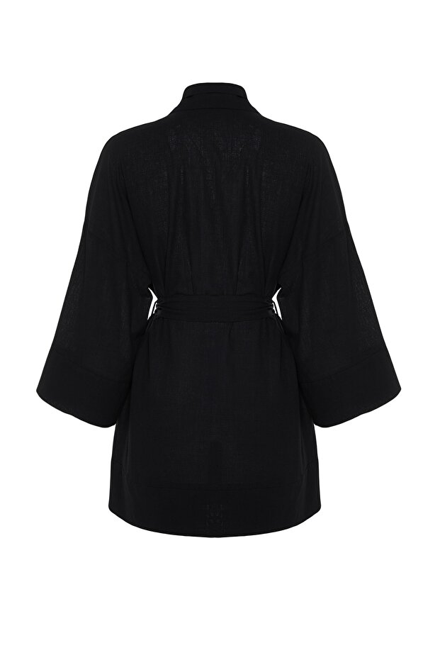 Siyah Dokuma Plaj Mini Kuşaklı Kimono&Kaftan TBESS23KM00080 - 9