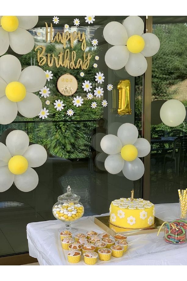 Papatya Temalı Doğum Günü Seti Çiçek Yapma Aparatı 6 Adet 40 Adet Yedekli Balon Set - 7