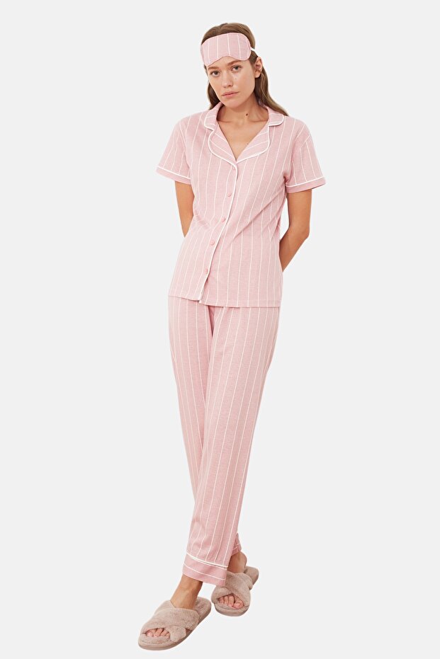Pembe Çizgili Biye Detaylı Uyku Bantlı Örme Pijama Takımı THMSS21PT1225 - 5