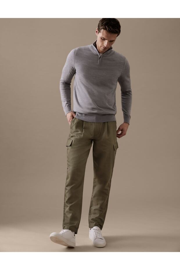 Regular Fit Keten Kargo Pantolon - 1