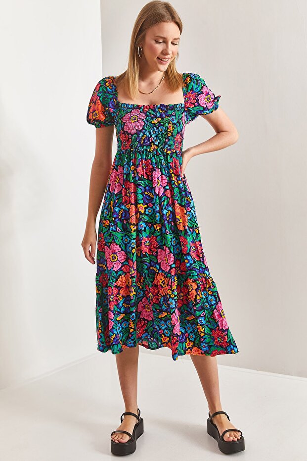 Women's Green Fuchsia Square Collar Gipeli Multi Patterned Flared Dress 40851014