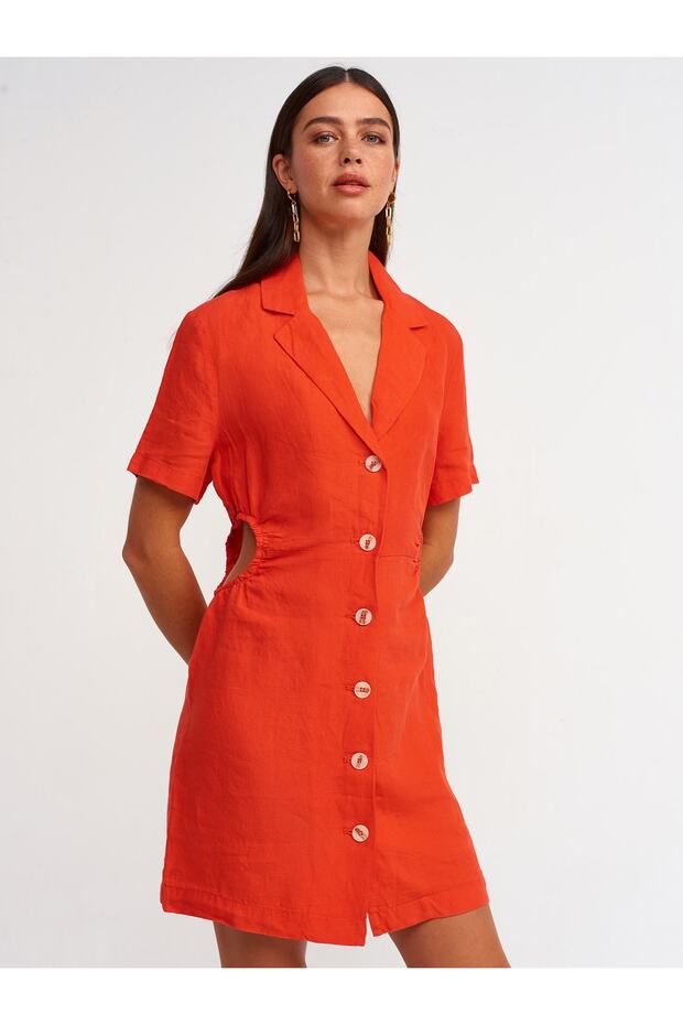 90372 Window Detailed Linen Dress-red