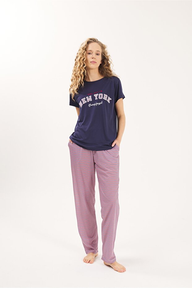 Navy Blue Viscose 2-Piece Women's Pajama Set