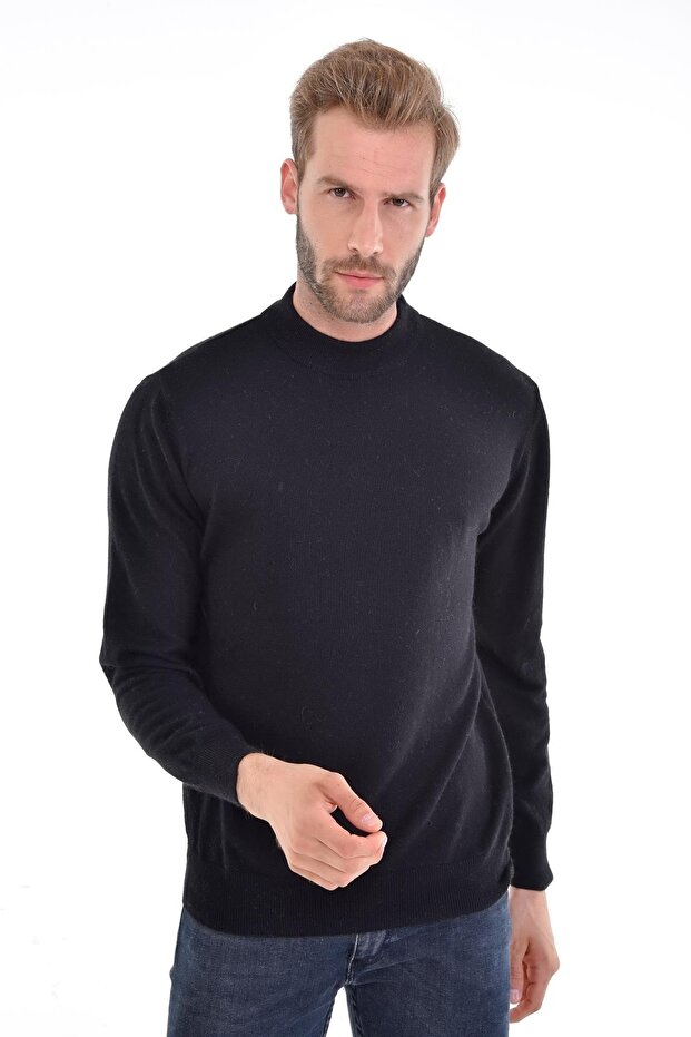 Men's Half Fisherman Angora Rabbit Wool Black Sweater Regular Pattern