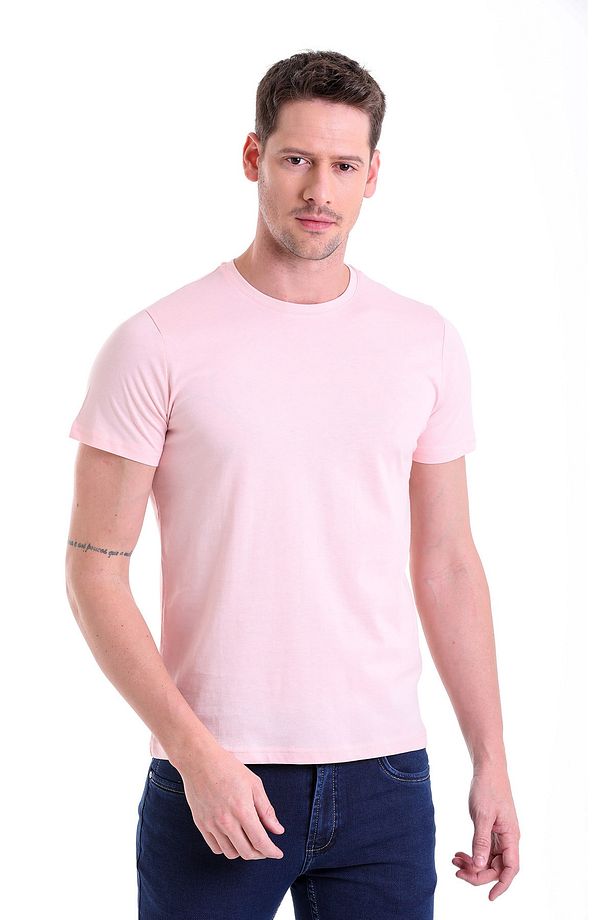 Pembe Regular Fit Düz 100% Pamuk Bisiklet Yaka Tişört - 1