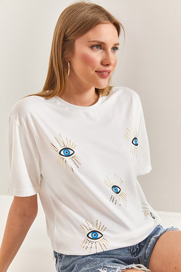 Women's White Eye Patterned Combed Cotton Tshirt 40851015