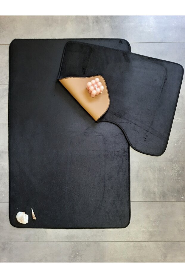 Ultrasoft Plain Black 2-Piece Bathroom Rug Mat Set Non-Slip Base Machine Washable Toilet Seat Set
