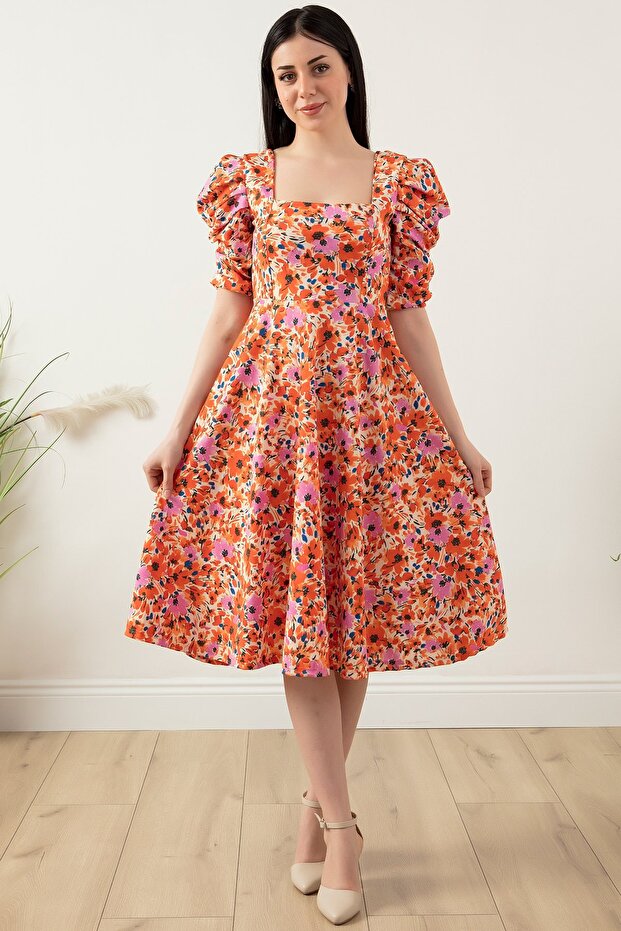 Çiçekli Kol Pileli Elbise 924-2965 - 5