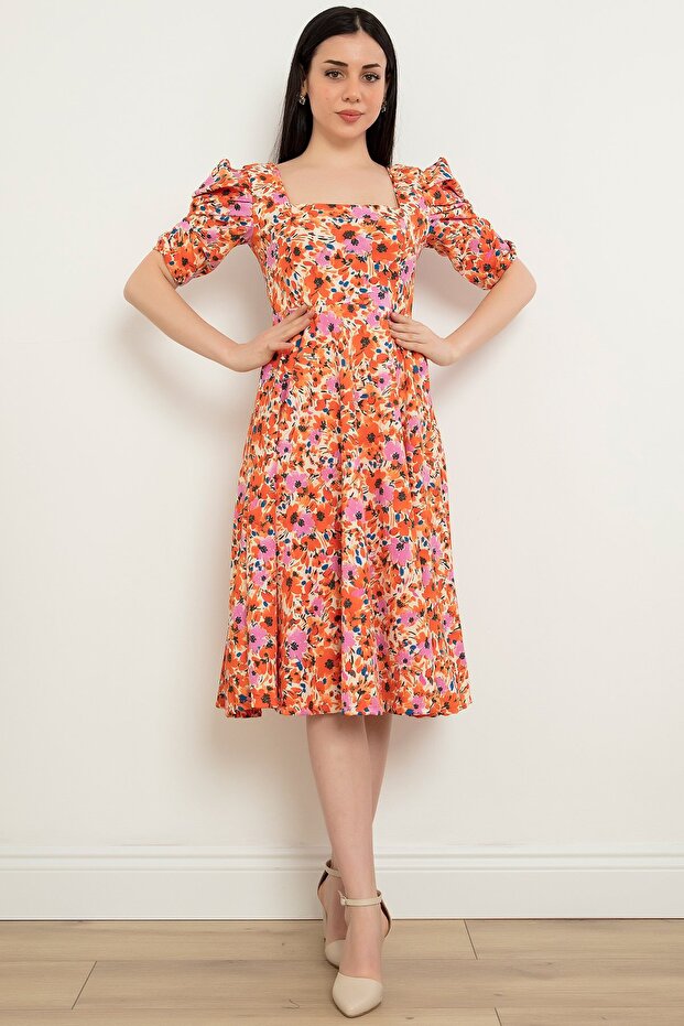 Çiçekli Kol Pileli Elbise 924-2965 - 6