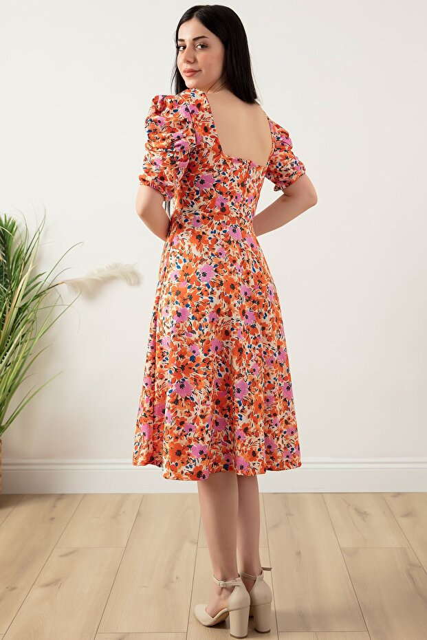 Çiçekli Kol Pileli Elbise 924-2965 - 7