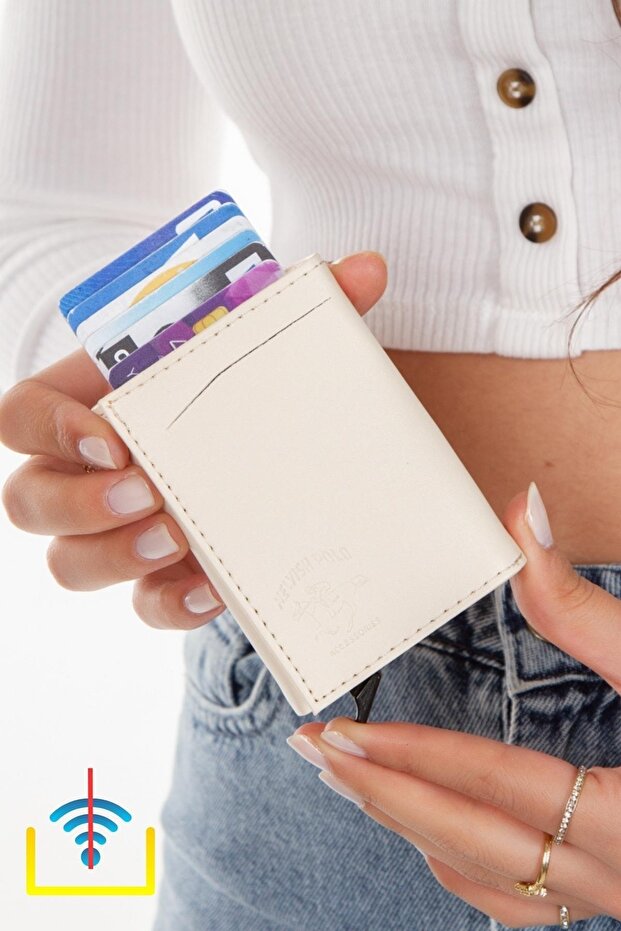 Bézs alap alumínium mechanikus automata csúszó kártyatartó pénztárca - 1