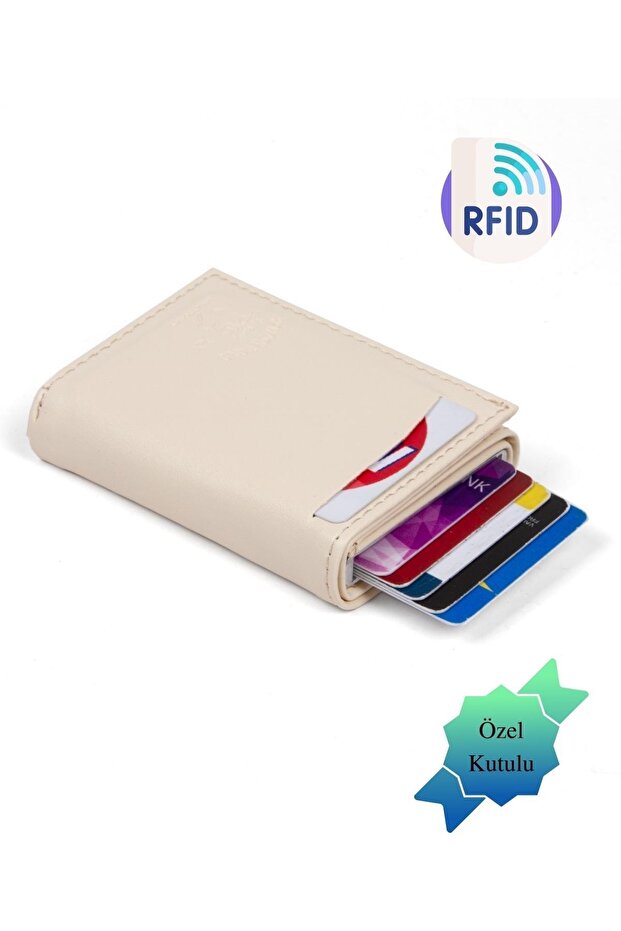 Bézs alap alumínium mechanikus automata csúszó kártyatartó pénztárca - 2