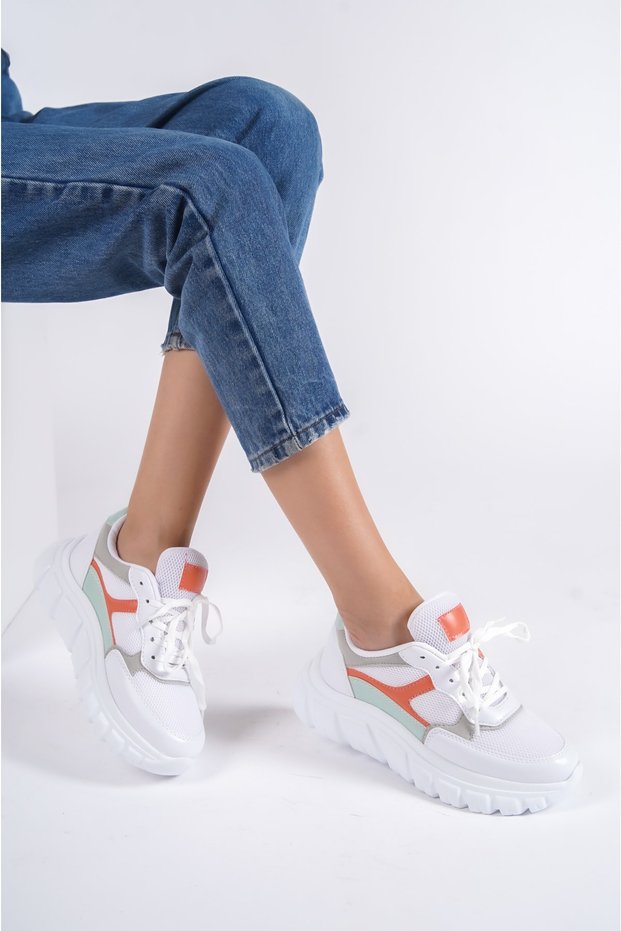 White Colored Women's Lace-Up Mesh Casual Sneaker Sports Shoes Wsb0474