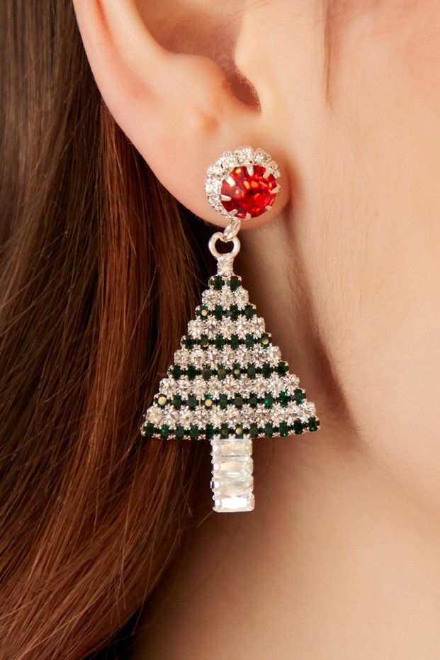 Women's New Year Pine Tree Themed Christmas Zircon Stone New Year Earring Model New Year Celebration Party New Year