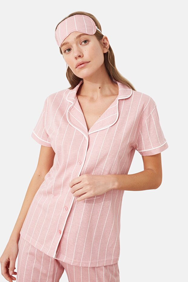 Pembe Çizgili Biye Detaylı Uyku Bantlı Örme Pijama Takımı THMSS21PT1225 - 4