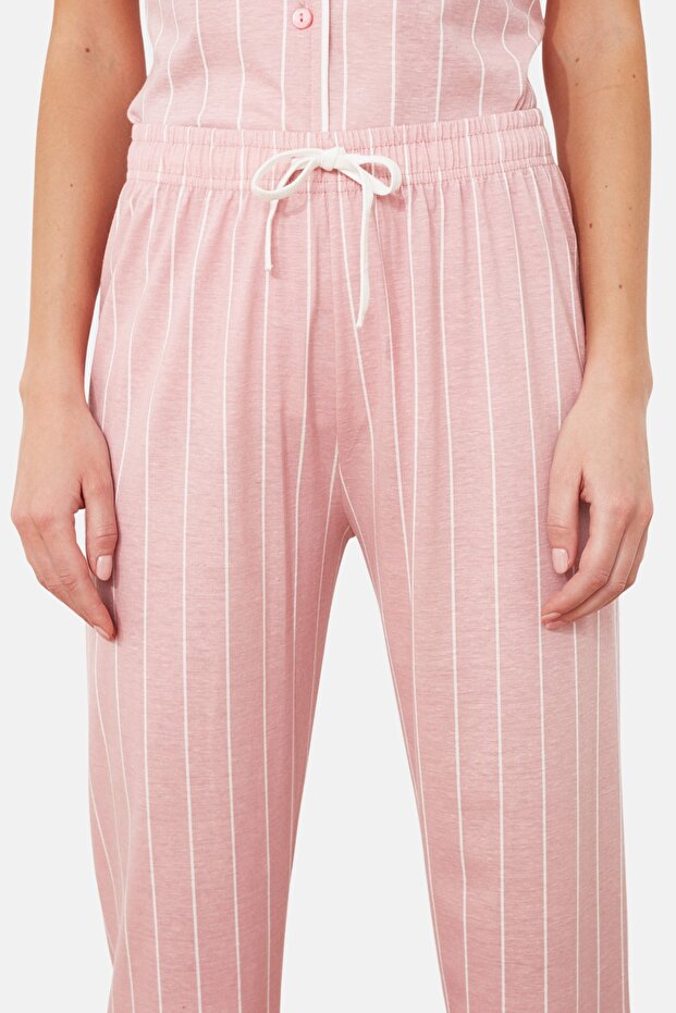 Pembe Çizgili Biye Detaylı Uyku Bantlı Örme Pijama Takımı THMSS21PT1225 - 8