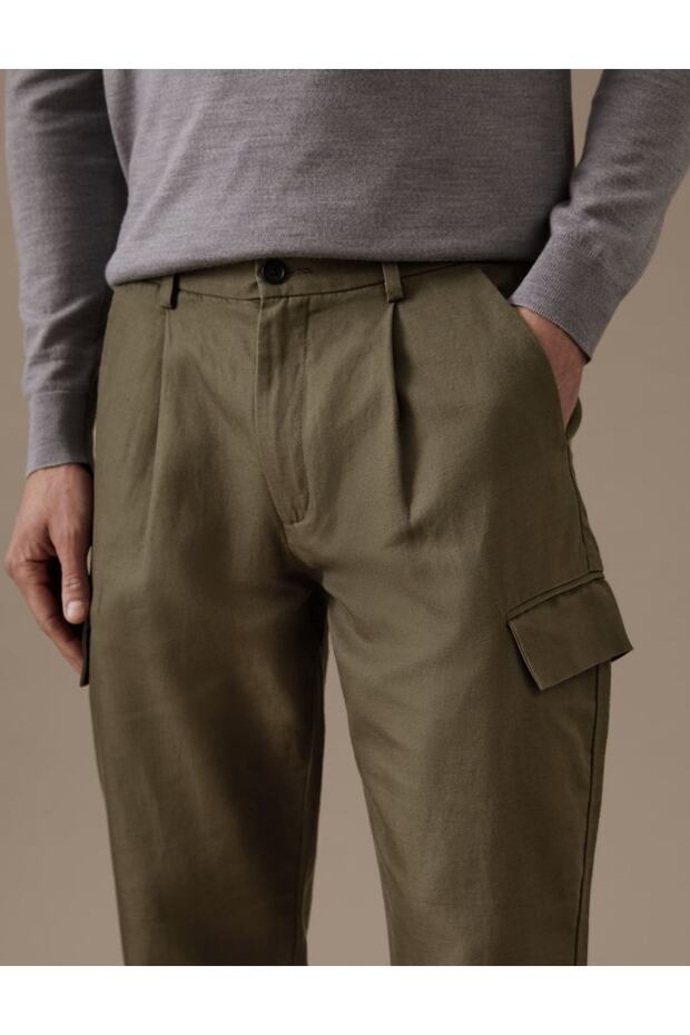 Regular Fit Keten Kargo Pantolon - 3