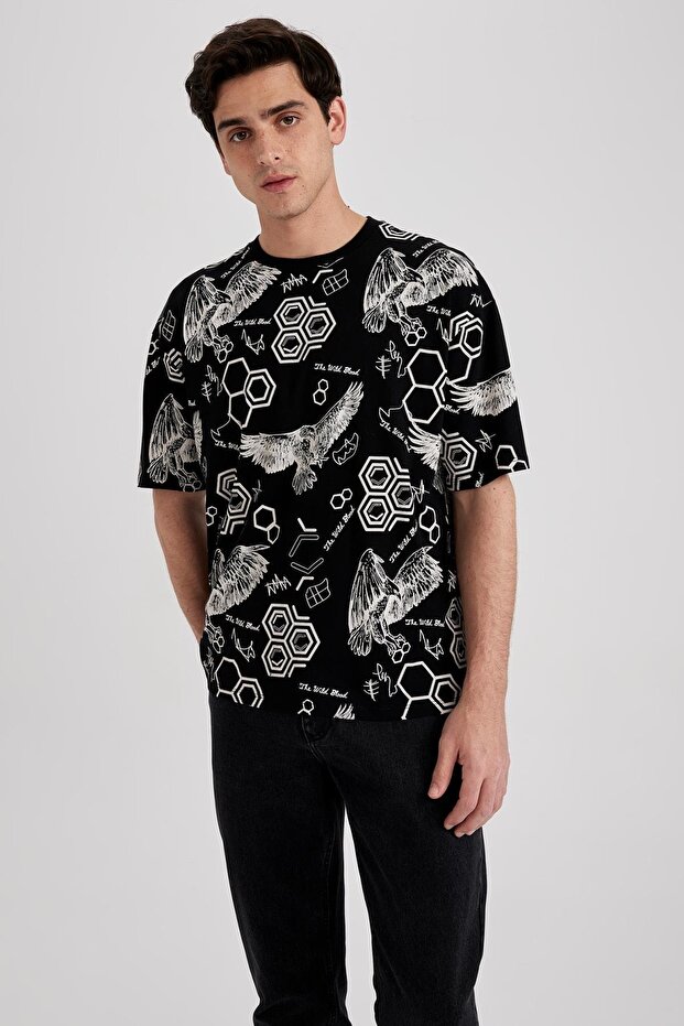 Oversize Fit Crew Neck Patterned 100% Cotton T-Shirt Z5886az23sm