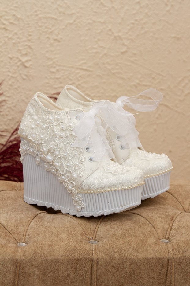 High Wedge Heeled White Wedding Dress Evening Dress Shoes