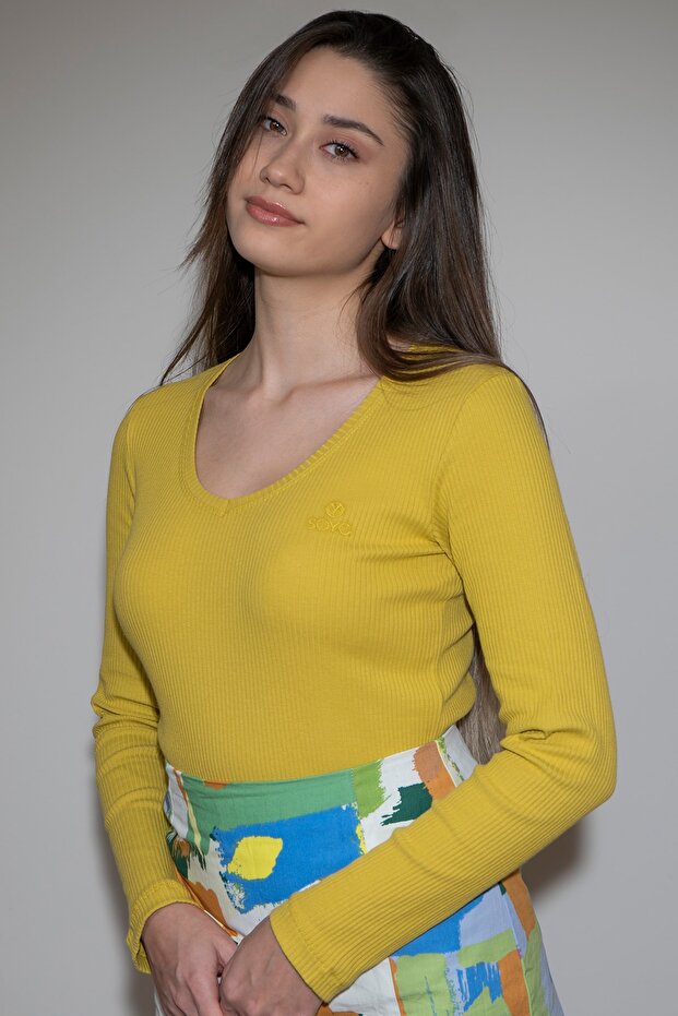 Kadın Hardal V Yaka Uzun Kollu Fitilli Örme Basic Bluz - 2